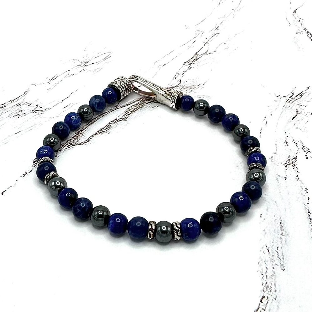 John Hardy Blue Lapis & Hematite Gemstone Bead Sterling Silver Bracelet 8-1/4"
